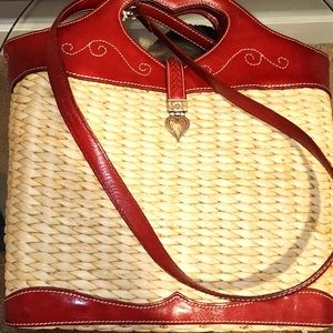 BRIGHTON Dark Red Straw/Rattan Bucket bag with Crossbody strap.